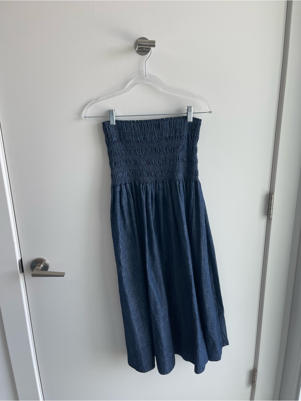 Madewell Denim  Strapless Smocked Navy Blue Midi Dress